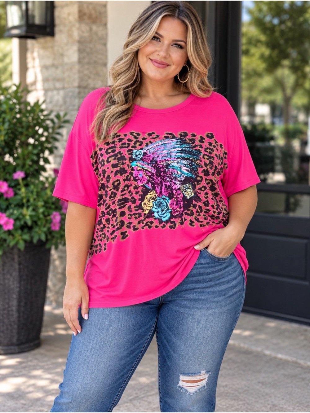 Crazy Train Bright Pink Leopard Graphic Women's Tee